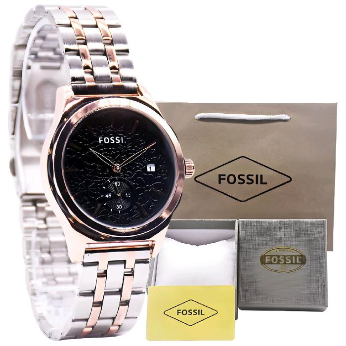 Fossil Jam Tangan Wanita Model Elegan dengan Tali Baja dan Dial Hitam Flower Lace Dial Estetik & Ran