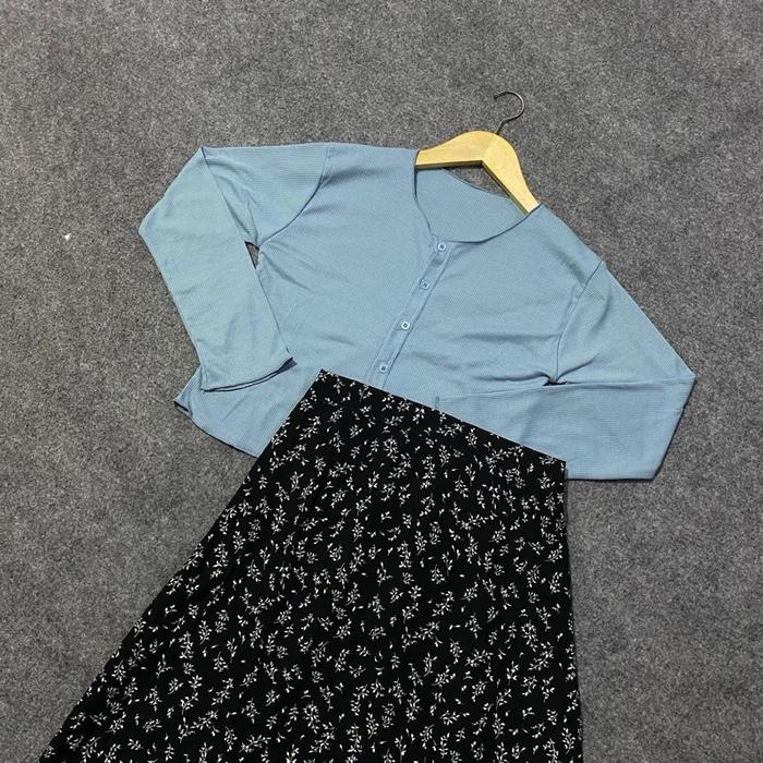 ONESET 2IN1 SETELAN CARDI CROP OUTER RIB WAFFLE PREMIUM + ROK MOTIF BUNGA KOREAN STYLE Pattern Skirt