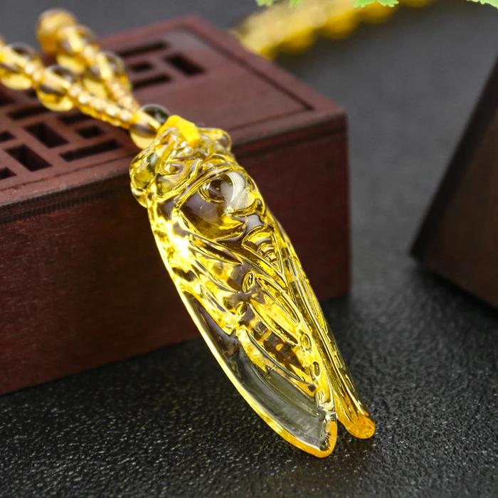 Natural Citrine Carved Cicada Necklace Sweater Chain Coat Chain Accessories Auspicious Amulet Transi