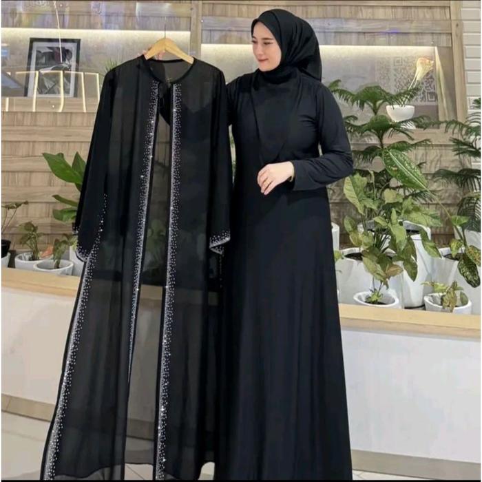 New Gamis Abaya Turkey Yasmine Rompi Outer Pisah Payet Silver Dan Full Hitam