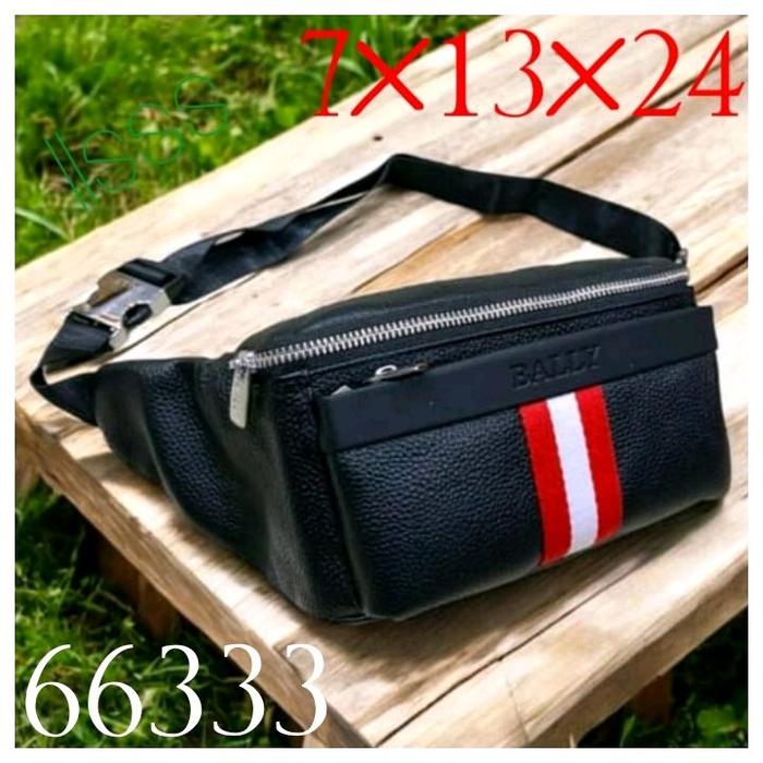 BALLY Tas Pinggang Pria Kulit Desain Stripes Merah Putih Waistbag Terlaris untuk Taruh Phone Mobile 