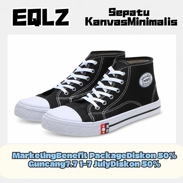 EQLZ Sepatu kets, sepatu pelajar, gaya preppy, sepatu bertali rendah, sepatu kanvas hitam putih, sol