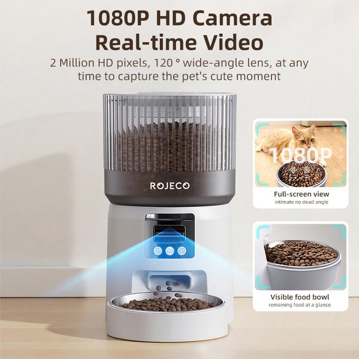 ROJECO Automatic Cat Feeder With 1080P HD Camera Video Smart Cat Food Dispenser WIFI Remote Control