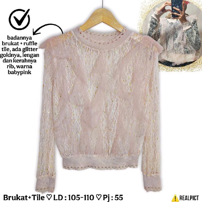 NEW TAG Blouse Brukat Tile Ruffle Size M Sweater Brokat Tutu Pink Gold Glitter Emas Baby Unik Mewah 