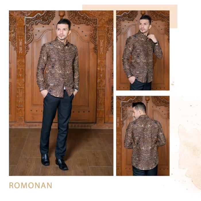 ROMONAN Kemeja batik solo pria modern kain katun halus lengan pendek premium adem