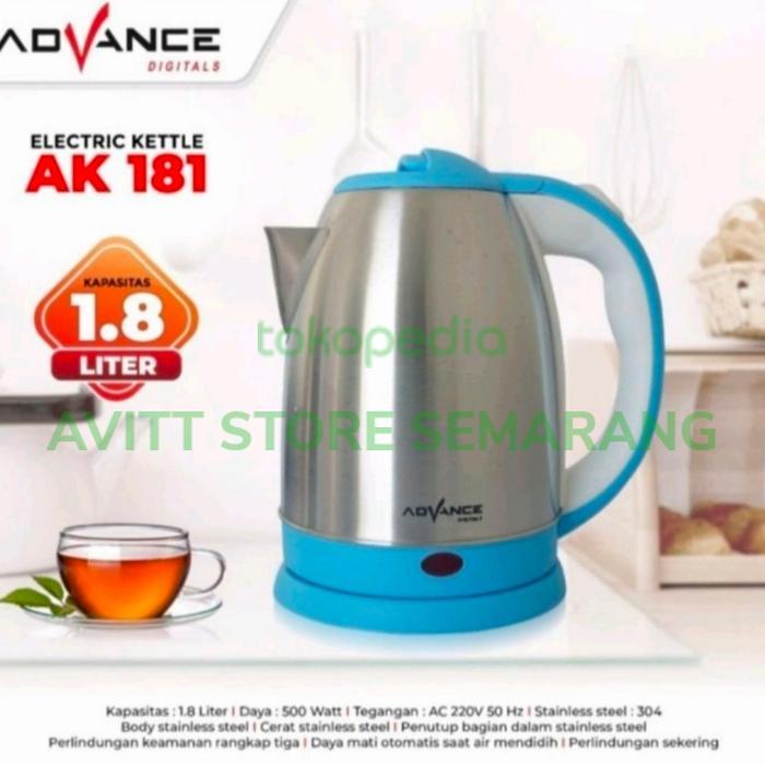 Teko Listrik Advance AK-181, 1.8 Liter, Biru/Merah/Cokelat, Stainless Steel, Auto Power Off