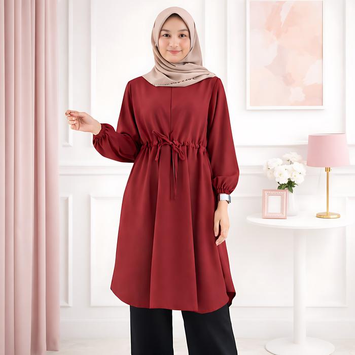 Tunik Wanita Muslimah Dusty Pink Serut Pinggang Lengan Balon Premium Atasan Hijab Kekinian | Tunik H