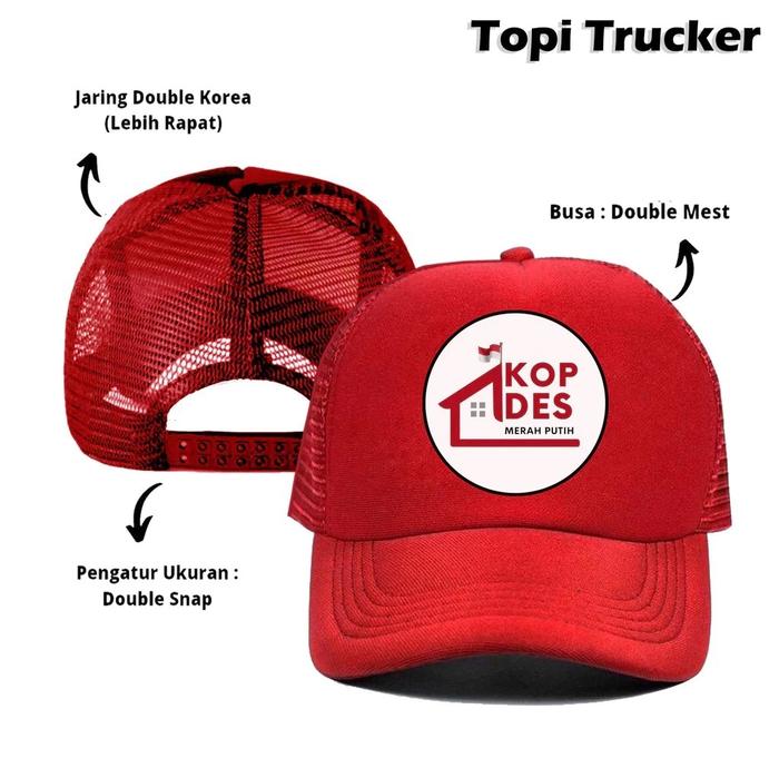 Topi Trucker Jaring Hat Cap Distro KDKMP KOPERASI DESA MERAH PUTIH KOPDES Kelurahan sablon bordir LO