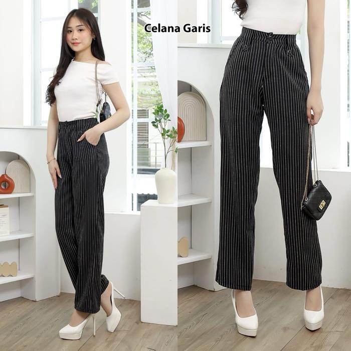 Kuma Pants - Lost Pants Stripe Trouser Wanita-Celana Anti Kusut-Celana Kulot Cewe Highwaisth Panjang