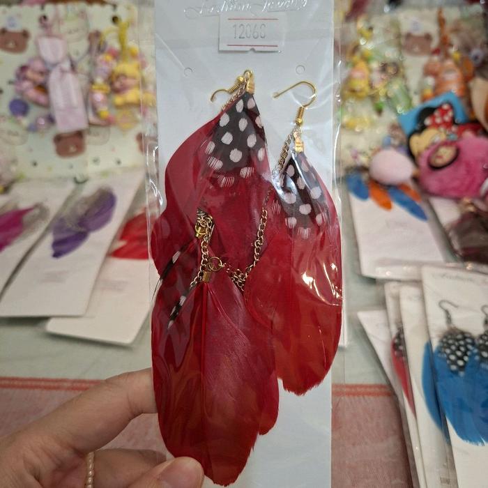 Anting Red Feather Long Handmade