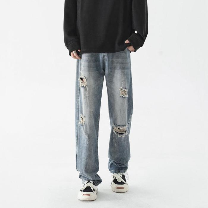 Celana Jeans Sobek Pria Celana Denim Panjang Robek Ripped Cowok Versi Kore Pants K501
