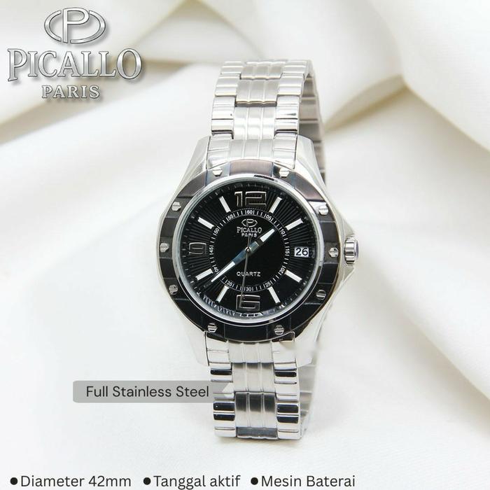 Picallo Paris Jam Tangan Pria Full Stainless Steel Diameter 42mm Tanggal Aktif Mesin Baterai