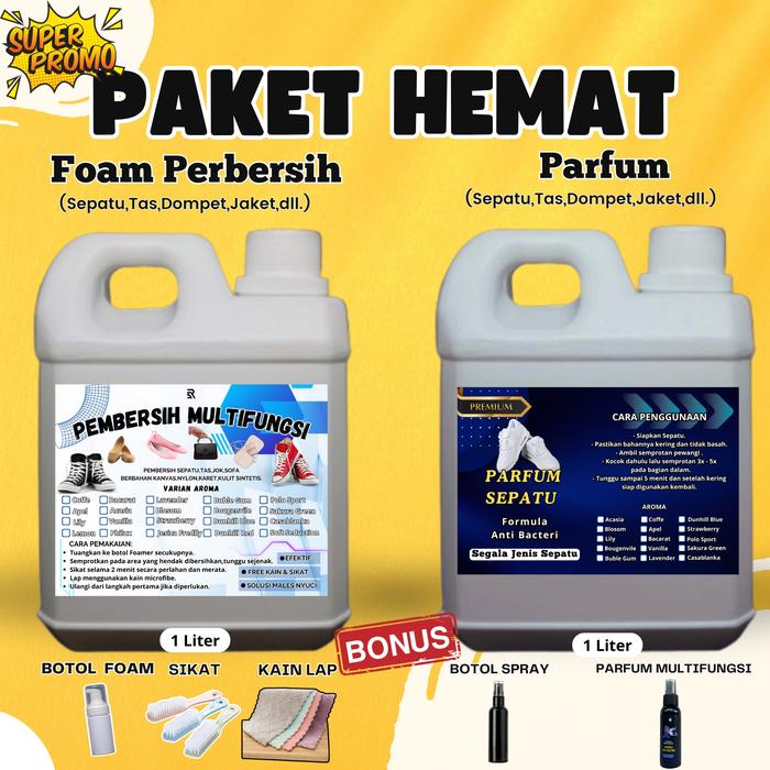Paket Hemat Pembersih Sepatu 500ml & Parfum Sepatu 500ml Botol Sikat Lap Multifungsi Anti Bakteri