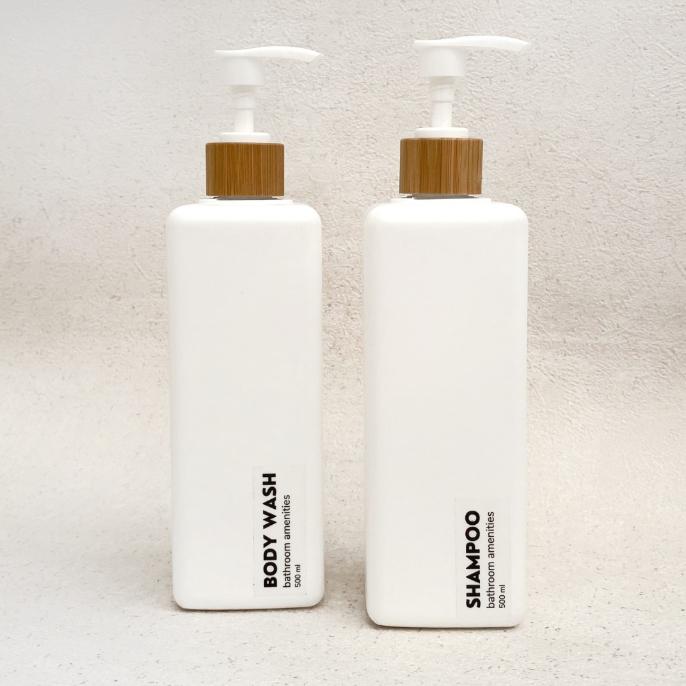 Botol Kotak Putih Doff Stiker Transparan Pump Bamboo 500ml refill isi ulang sabun