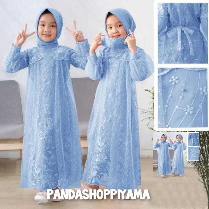 Gamis Anak Eliana Dres Pesta Brukat Tile Kondangan Maxi Dress Kekinian - Biru Langit, L-Ld 85cm 8-12