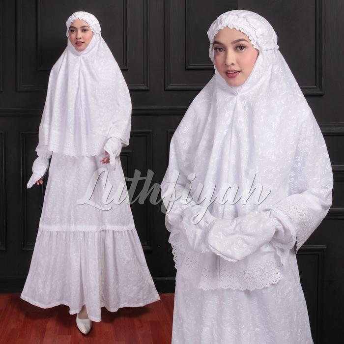 Baju Umroh Wanita Model Satu Set Gamis Bergo Sarung Tangan Katun Poliester Polos Bunga Putih haji re
