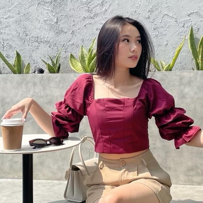 Mita Top Maroon S-4L / Atasan Wanita Sabrina off shoulders / Top Blouse Lengan Panjang Susun Balon/a