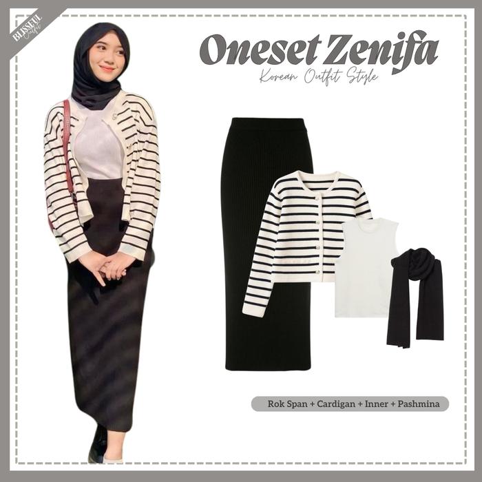Zenifa Outfit Set Wanita ( Atasan Cardigan Stripe + Inner Putih + Bawahan Rok Span Hitam Panjang + h