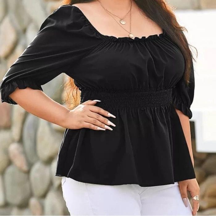 KESYA BLOUSE/BAJU SABRINA JUMBO WANITA/BLOUSE KOREAN STYLE/BLOUSE KERUT PINGGANG/ATASAN WANITA JUMBO