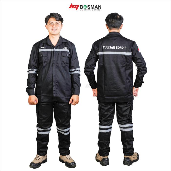 PO Bordir Setelan wearpack safety-hitam polos-atasan bawahan safety pria dan wanita-kemeja kerja lap