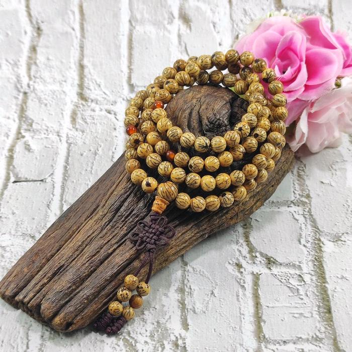 TASBIH BUDDHIST 108 BIJI BODHI MOTIF SERAT COKLAT