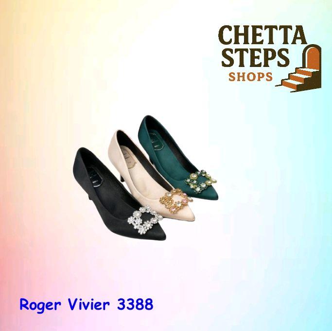 Sepatu Wanita Roger Vivier 3388 - Sepatu Cewek Hak Tinggi Embellished Satin Pumps chunky heels