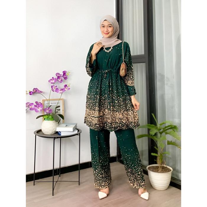 Setelan One Set Tunik Tunic Baju Atasan Wanita Muslimah Remaja Dewasa Lengan Panjang Lebaran Hari Ra