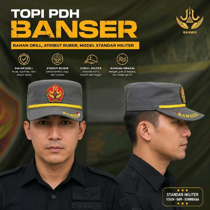 Topi PDH BANSER Bahan Drill Atribut Ruber Model Standar Militer Nyaman Dipakai untuk Kegiatan Formal