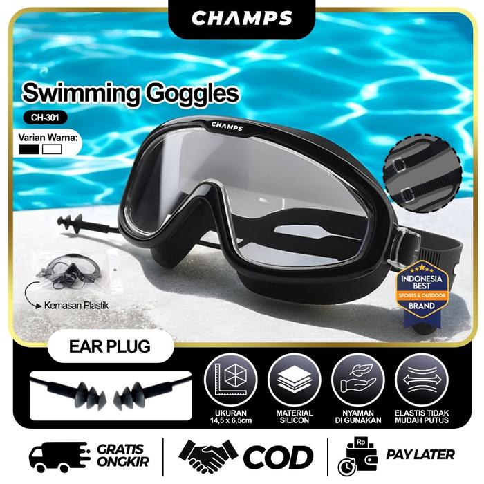 CHAMPS Kacamata Renang Anak Dewasa – Anti Fog, Anti Air, Nyaman + Earplug Murah CH-301