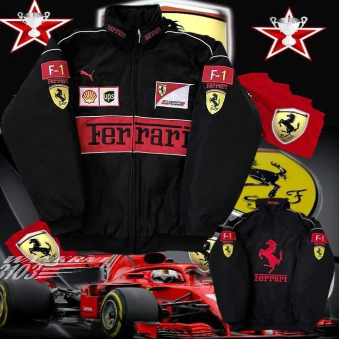 Ferrari Jaket Nascar Vintage F1 Racing 1039 Hitam dengan Logo Klasik dan Sponsor Shell UPS