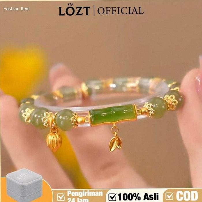 【100% Asli】LOZT Gelang Bambu Lapis Emas 24k Gelang Giok Wanita Asli China Gelang Giok Hijau Asli Gel