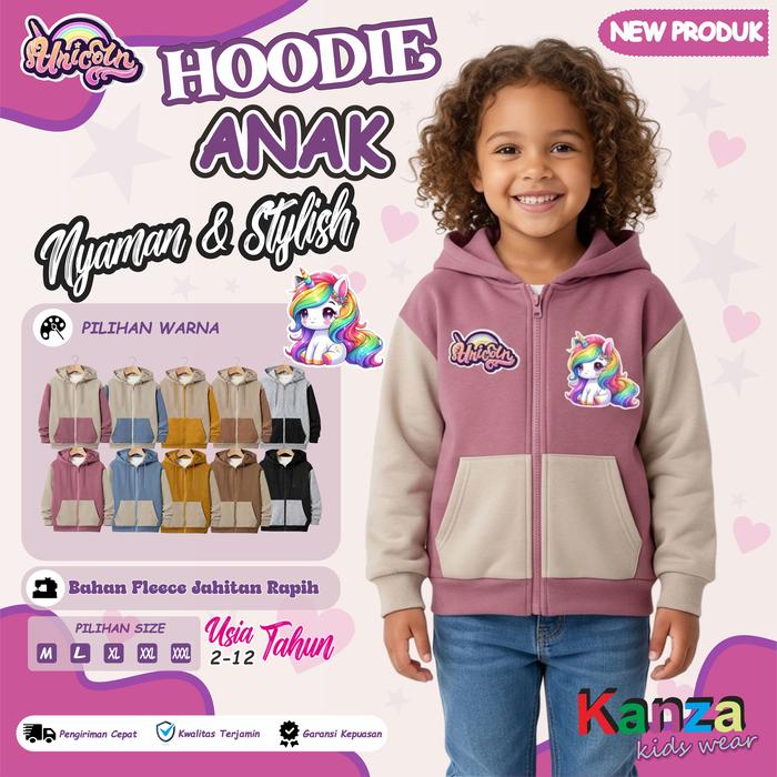Jaket anak perempuan Unicorn 2-12 tahun Bahan Fleece Lembut Dan Hangat