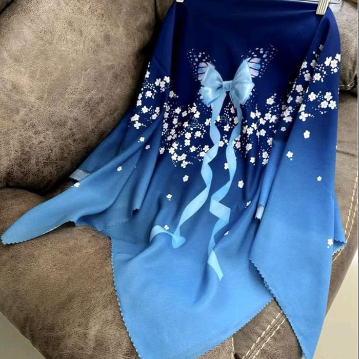 Hijab Motif Bunga Kupu Pita Navy Biru Muda Jilbab Segi Empat Voal Premium