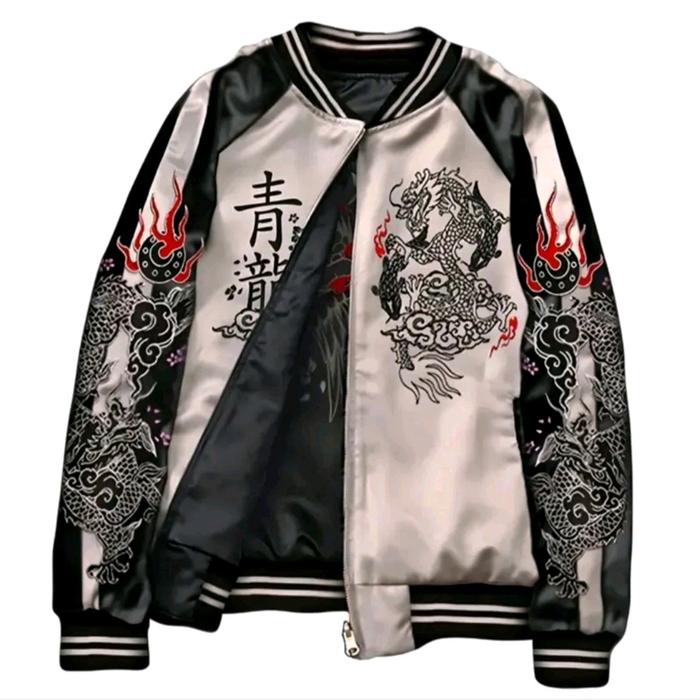 JAKET SUKAJANN BOLAK BALIK merah cream tebal casual Panjang Pria Distro Bunga Hitam Fleece Bomber Ka