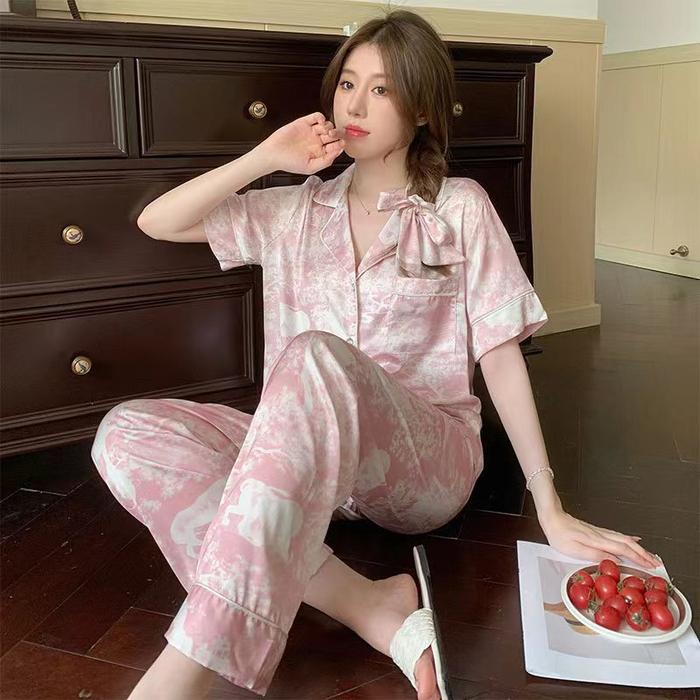 Piyama Satin Wanita / Set Pakaian Tidur Lukisan Tinta Ikat Celup