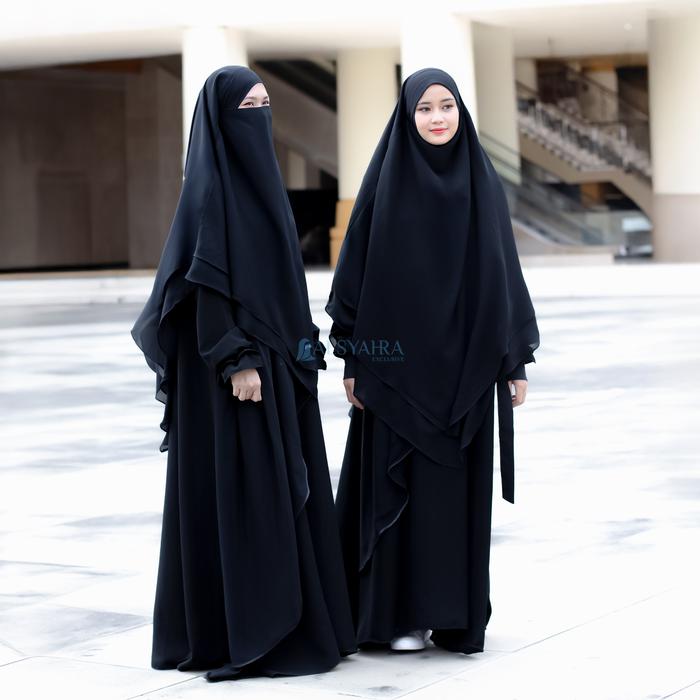 French Khimar Khiban Lancip V Ayumi 2 Layer Alsyahra Exclusive Sifon Silk Jetblack Arab Jilbab Kerud