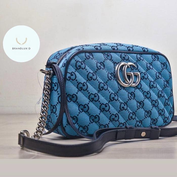 Gucci Marmont Small Camera Bag Blue GG Diagonal Quilted SHW