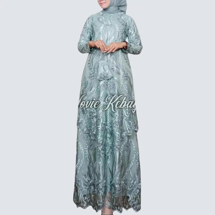 Gamis Muslim Wanita Elegan TINGKAT RUNCING CLAUDIA Bahan Tulle Twotone Warna Wardah Resleting Belaka