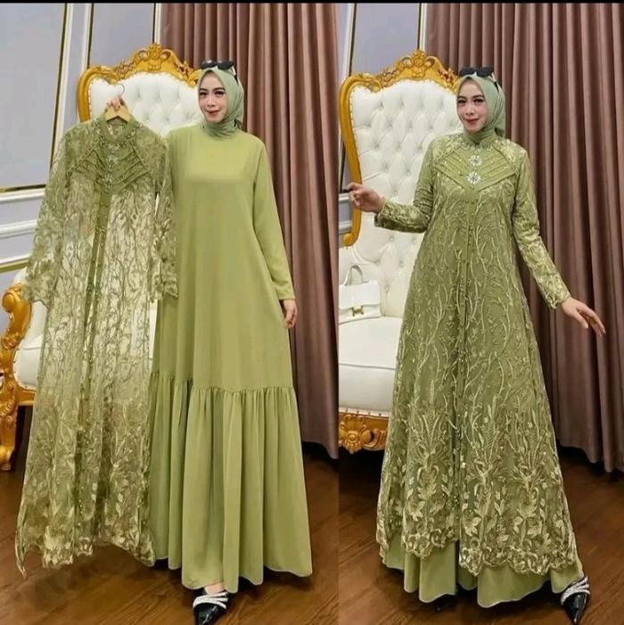 NEW PRODUK!!! COD Inara Dress Set Outer Brukat Mix Iner Ceruty // Gamis Lebaran Mewah Elegan // Dres