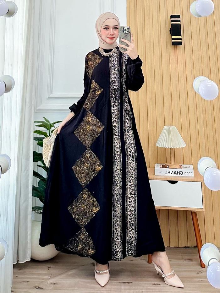 Gamis twill rayon ori Motif Selendang Putih Muslim Wanita Dress Syari Lebaran Maxi Midi Remaja Rempe