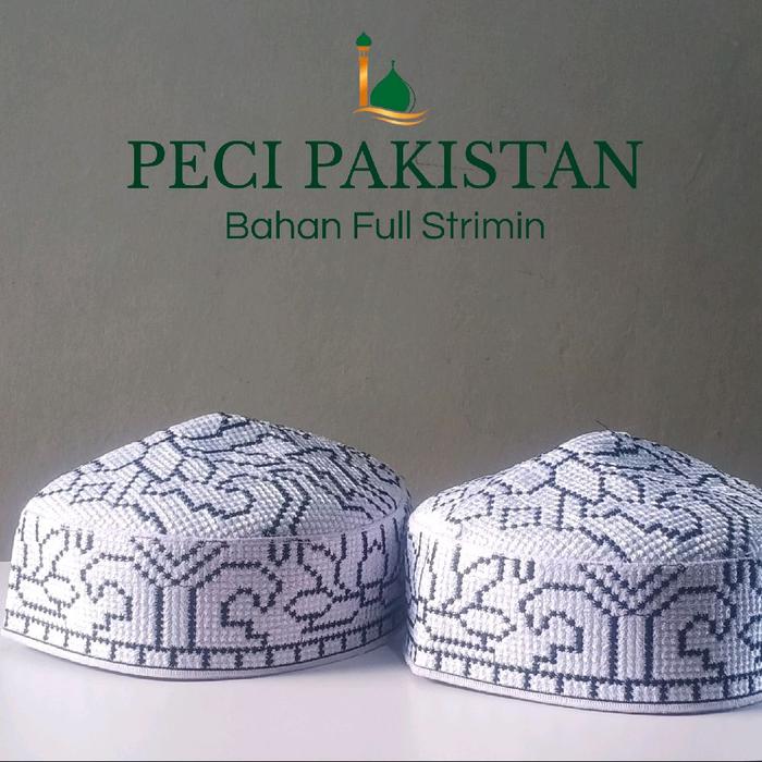 Peci Pakistan Full Bahan Strimin Putih Motif Stik Hitam Peci Kopiah Haji Bagus Nyaman Bisa dilipat L