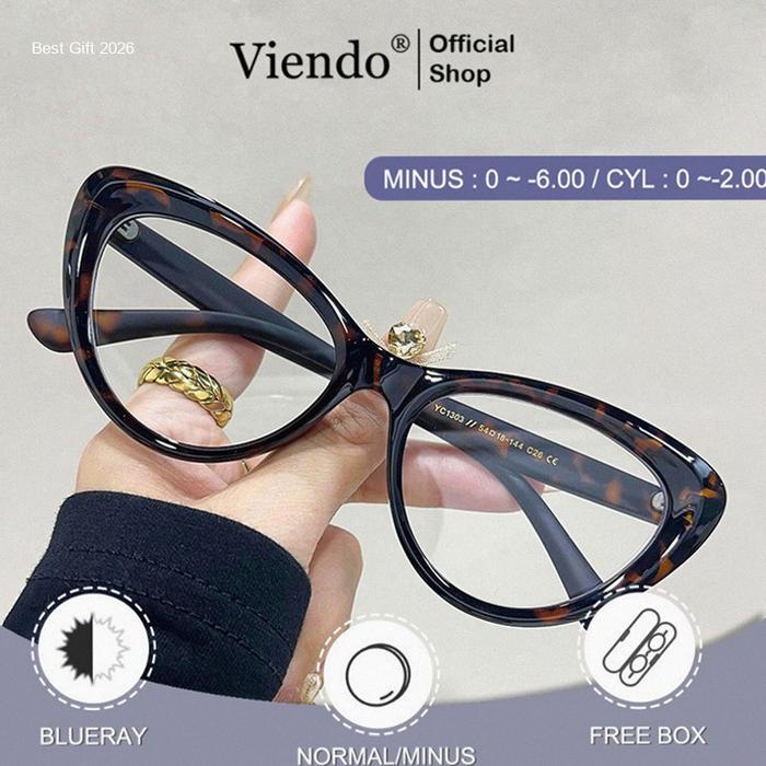 Viendo Kacamata MINUS BLUERAY Wanita Cat Eye Frame Anti Radiasi Cylinder Kaca Mata Optik YC1303 | Ho