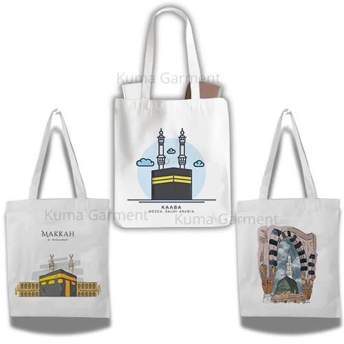 Tote bag / Resleting Bahan Canvas Motif Mekkah / Tas Muslim / Tas Mekkah / Idul Adha / Idul Fitri