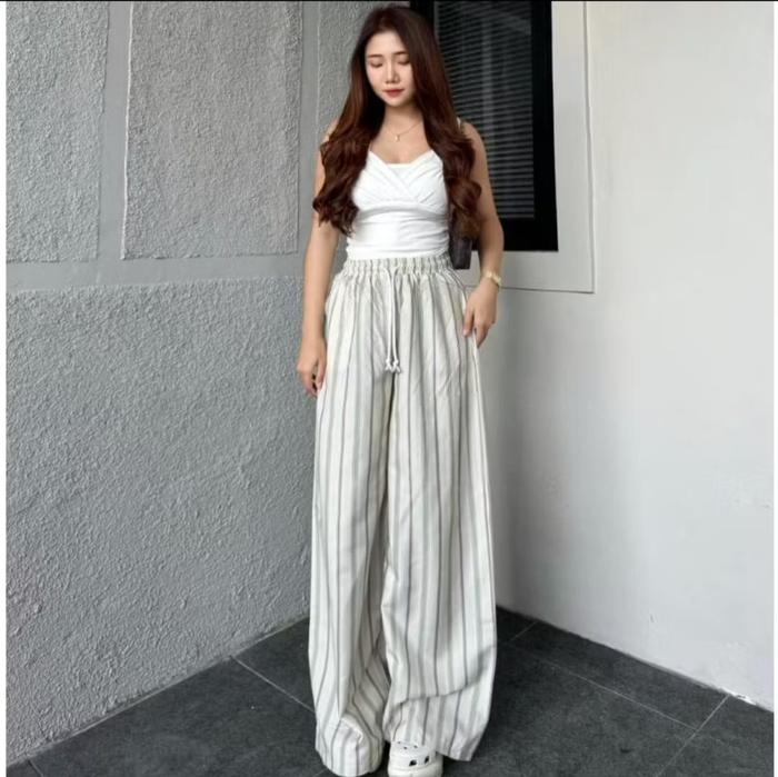 Celana Kulot Long Wanita Stripe Pants Baggy Outfit Trend Kulot Motif Salur Premium Pants Linen Yarnd