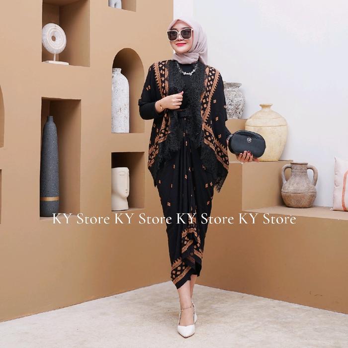 Setelan Cardigan Batik Renda Modern Wanita - Baju Batik Renda - One set Muslim Rayon Outer Batik Kon