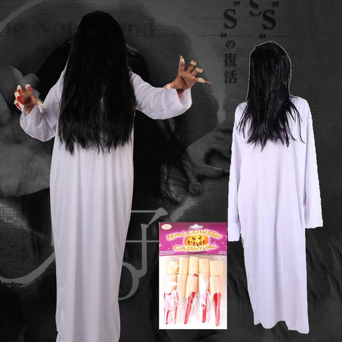 Kostum Sadako Dewasa Baju Hantu Putih Halloween Gaun Kuntilanak + Wig Dress Zombie Horror Cosplay Gh