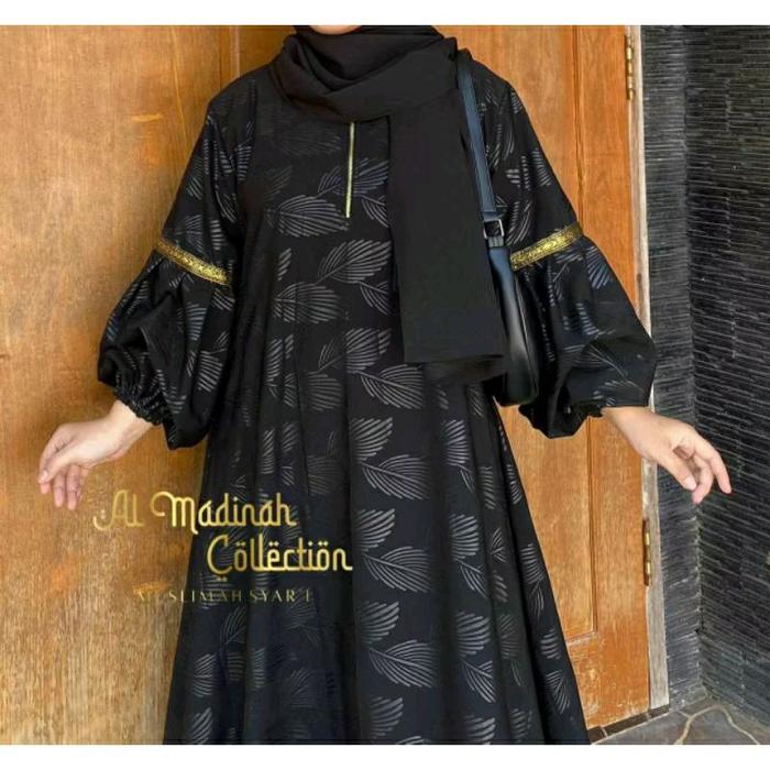 Abaya Shiva/Abaya Embos Lengan Balon Temboro Wolfis Hitam Full Motif Gamis Muslim Wanita Dress