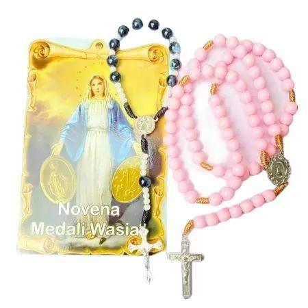 Bundle Kalung Rosario 77 Bapa Kami Mote Pink, Rosario Mini Marmer Hitam dan Lembaran Doa Novena Meda