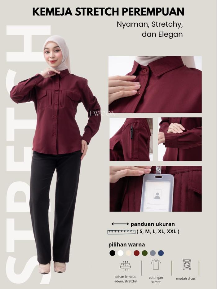TWOON - Kemeja Stretch Panjang Wanita | Kemeja Maroon | Kemeja Kerja | Kemeja Slimfit