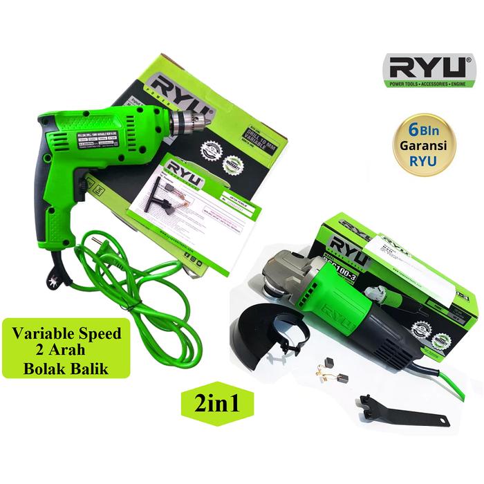 PAKET Gerinda RYU RSG 100-3 + Bor RYU RDR 10-3 RE Mesin Bor Tangan 10 mm 2 Arah Bolak Balik RDR 10-3